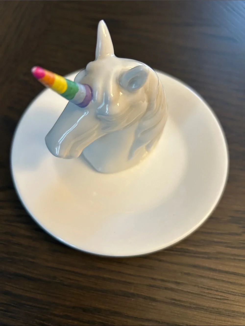 White Ceramic Unicorn Ring Dish with Rainbow Horn NWOT